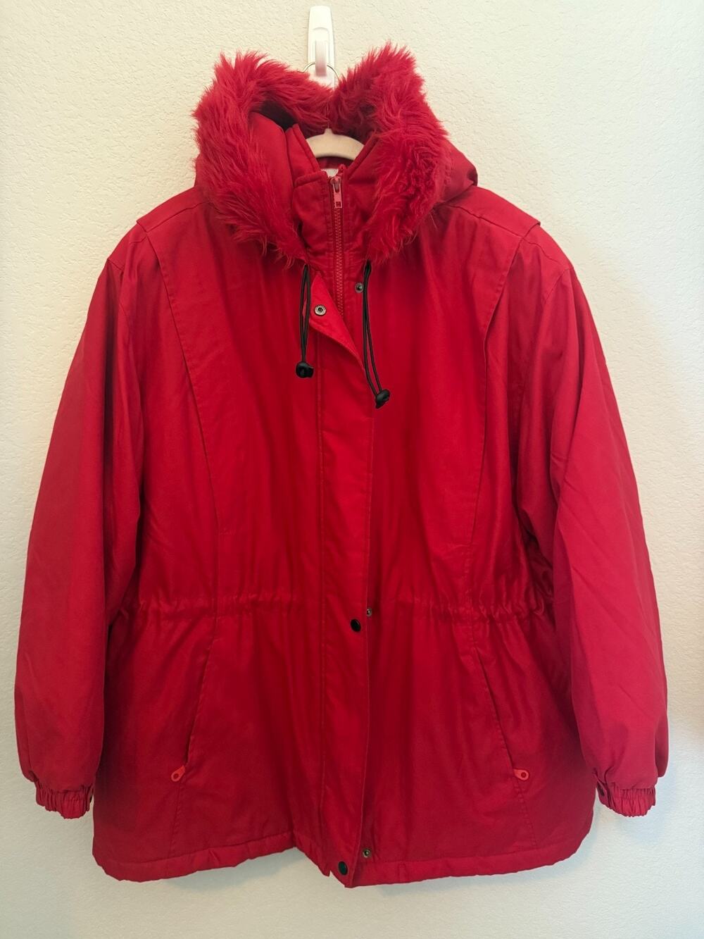 Collezione Basic Red Faux Fur Hooded Jacket Coat Cinched Waist XXL 2XL